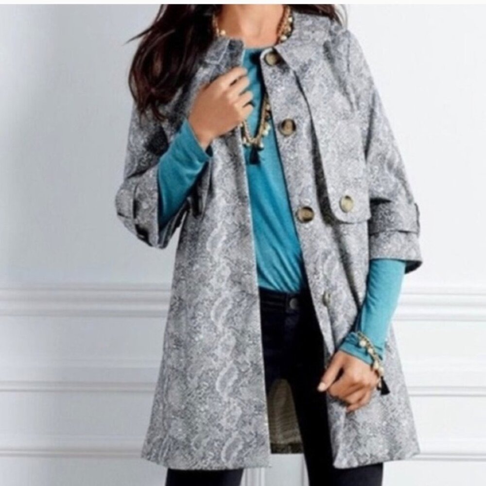 Cabi Camille‎ Trench Coat Grey Snakeskin Print 3/4 Sleeve Jacket M ($199)